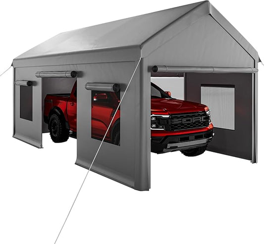 10 X 20FT Heavy Duty Carport, Portable Garage with Roll-Up Windows,Removable Sidewalls & Doors, Outdoor Tent Garage for Car,Truck,Boat