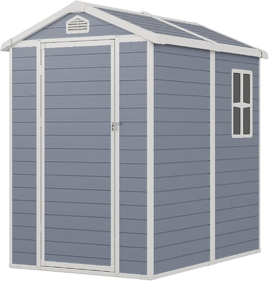 Storage Shed Plastic Outdoor Storage Shed Waterproof Container House with Lockable Door and Transparent Window for Garden, Lawn, Backyard, Patio (6x4FT)