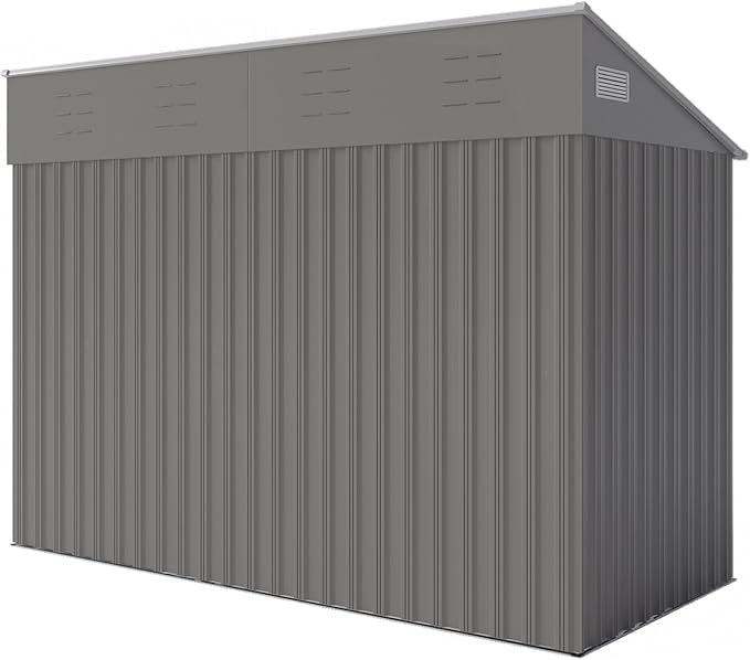 4x8 ft Lean to Shed, Outdoor Storage Shed with Lockable Door and Vents, Metal Storage Shed with 6 Vents, Outside Garden Tool Shed for Backyard, Patio, Wall Side Design (Dark Grey)