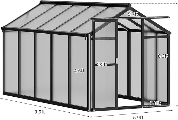 Greenhouse, 6x10 FT Greenhouse for Outdoors, Walk-in Green House with Ground Nails and Vent Windows, Sliding Lockable Door, Polycarbonate Green House for Outside Garden Backyard, Quick Setup, Black