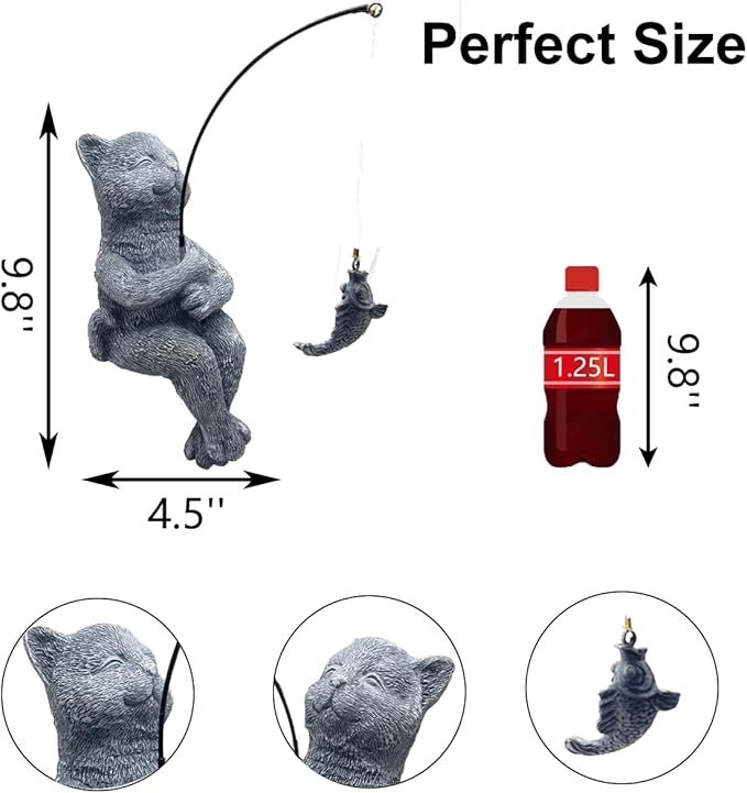 Cat Fishing Statue Garden Decor – 9.8" Weatherproof Resin Cat Fishing Sculpture Decor for Fish Ponds, Koi Ponds, Waterfalls, Poolside & Outdoor Gardens– Resin Figurine for Indoor & Outdoor Décor