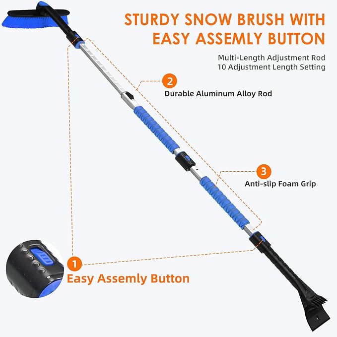 AstroAI 62.4" Ice Scrapers for Car Windshield and Extendable Snow Scraper with Foam Grip and 360° Pivoting Brush Head for Christmas Car Auto Truck SUV(Blue)