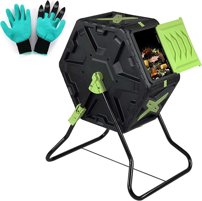 Compost Bin, 21 Gallon Small Composter Tumbler Outdoor Compact Single Rotating Chamber with Sliding Door and Steel Frame, BPA-Free Composting Bin for Garden, Kitchen, and Yard Waste