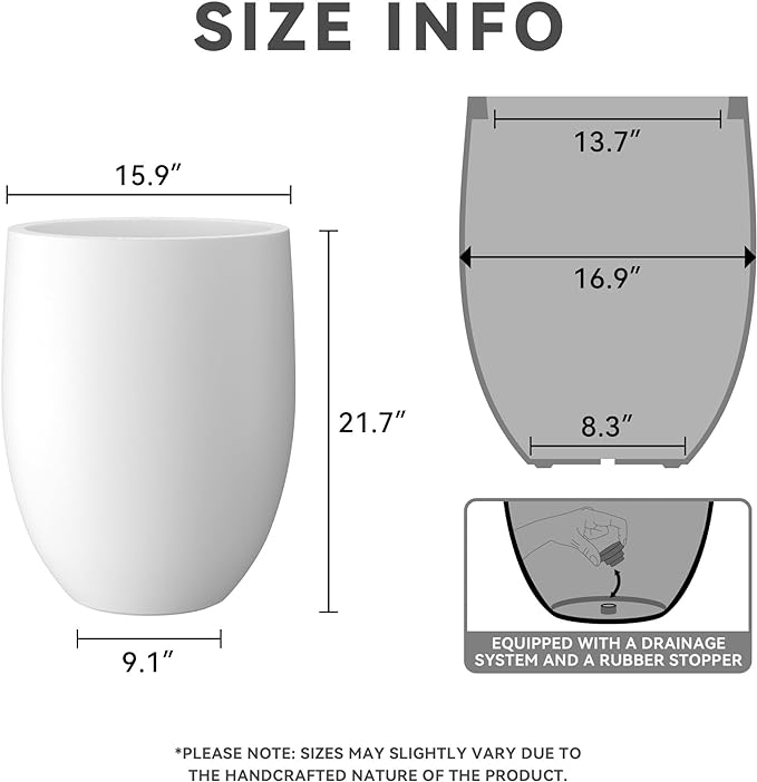 Kante 21.7" H Pure White Concrete Tall Planter, Large Outdoor Indoor Decorative Pot with Drainage Hole and Rubber Plug, Modern Round Style for Home and Patio