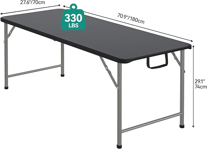 YITAHOME 6FT Folding Table, Outdoor Folding Table w/Heavy Duty HDPE Tabletop, Rectangle Folding Tables w/Portable Carrying Handle for Picnic, Parties, Camping & Indoor Activities, Black