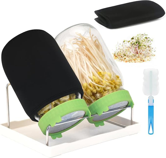 Lulonpon Sprouting Kit, 2 Sprouting Jar Kits, Wide Mouth Quart Mason Jars with Stainless Steel Screen Sprout Lids,1000ml Sprouts Growing Kit, Seed Sprouter Set for Growing Broccoli, Bean, Alfalfa ﻿