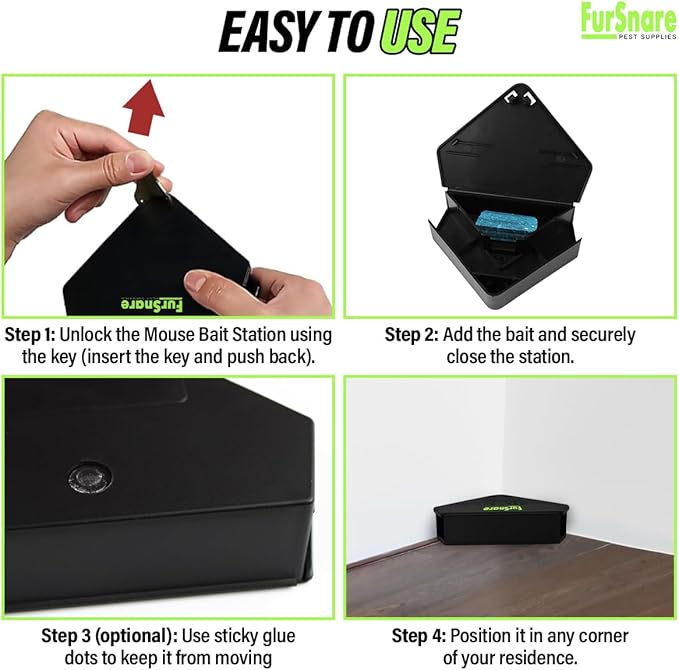 Mouse Bait Station for Outdoor & Indoor with Keys - Mice Traps for House Indoor Kill - Mouse Poisoning Bait Box for Home, Pest Control - Reusable, Safe for Kids & Pets (12 Pack, Black)