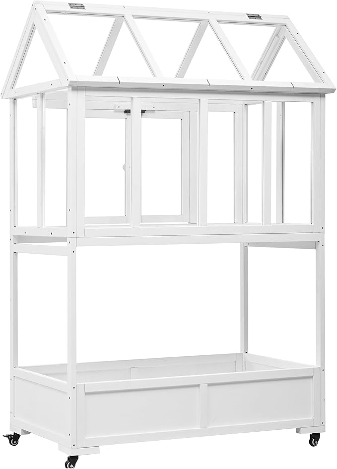 Merax 69.3" H Wood Garden Greenhouse, Balcony Portable Mini Cold Frame with Wheels, Movable Storage Box and Openable Roof, Flower Plants Shelf for Balcony Outdoor Indoor Backyard, White