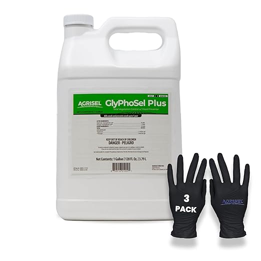 GlyPhoSel Plus Weed Killer, Post Emergent, Long-Lasting Action, Eliminates Tough Weeds from Leaf to Root, For Non-Crop Areas, Pet Safe, Includes 3-pack of Agrisel Protective Gloves, 128 Ounces