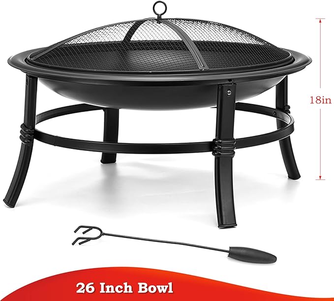 SINGLYFIRE 26 Inch Fire Pit for Outside Outdoor Wood Burning Firepit Bowl Heavy Duty Bonfire Pit Steel Firepit for Patio Backyard Camping Deck Picnic Porch with Spark Screen,Log Grate,Poker