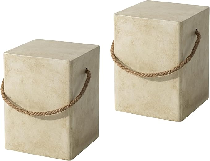 COSIEST Set of 2 Concrete Side Table, Rectangular Outdoor Side Table w Hemp Rope Handles,15''Patio Side Tables End Table, Outdoor Accent Side Table for Garden and Patio, Beige