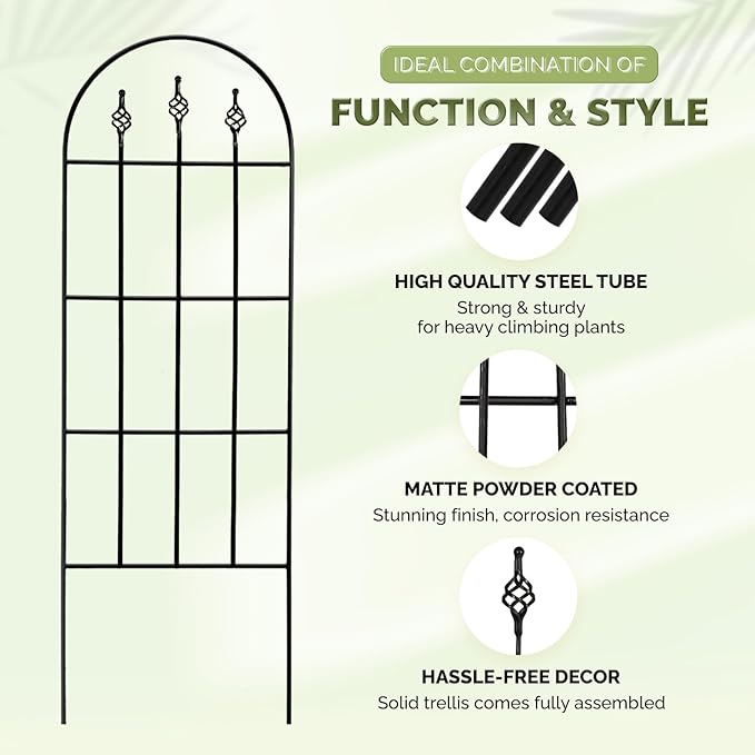 Idzo Decorative Metal Trellis for Climbing Plants Outdoor, Anti-Corrosion Powder Coated Garden Trellis, Sturdy Long Spikes, 48 Inch
