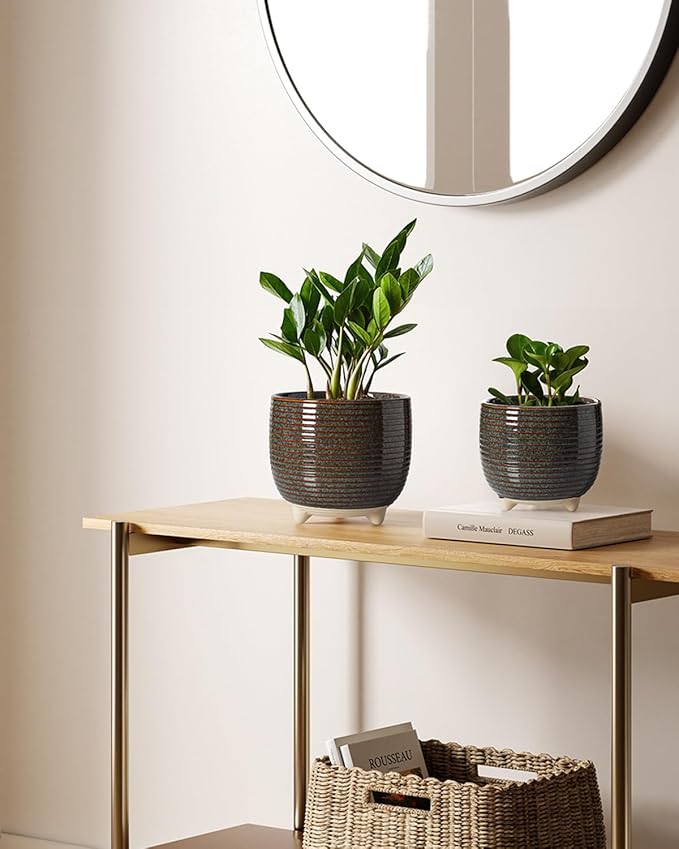 LE TAUCI Ceramic Plant Pots, 5.1 + 6.4 Inch Footed Pots for Plants, Modern Flower Pots for Home and Office, Indoor Planters with Drainage, Reactive Glaze Black