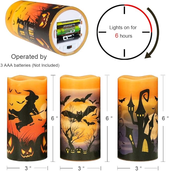Eldnacele Halloween Flameless Flickering LED Candles with 6-Hour Timer, Battery Operated Wax Candles Assorted Decals Witch, Bats, Castle Set of 3 for Decoration
