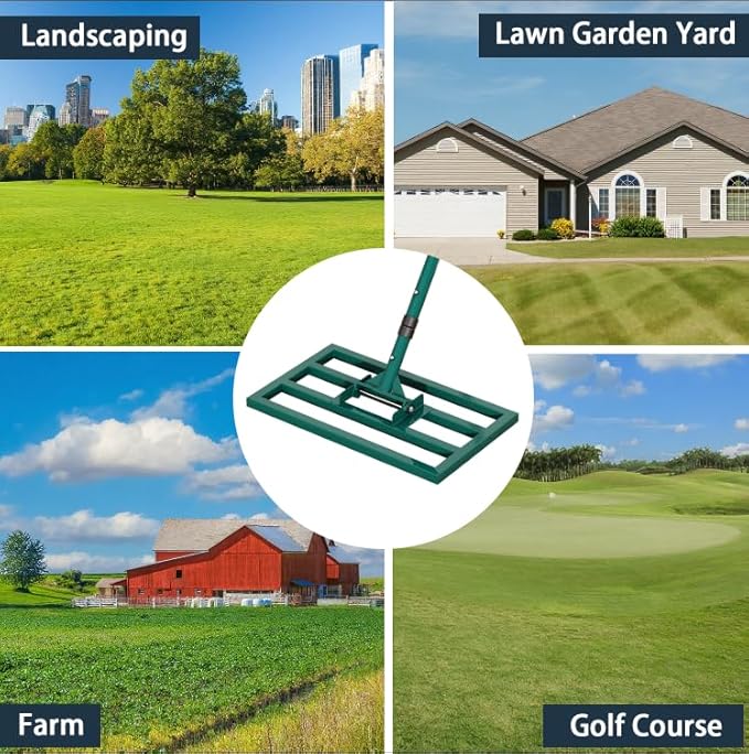 Lawn Leveling Rake Stainless Steel Leveling Rake 17”x10” Reinforced Welds with 64” Adjustable Long Handle Leveler Tool for Soil, Ground,Backyard Dressing,Golf Field,Garden Tools Grass Seed