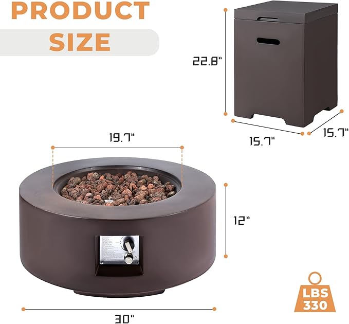 ECOTOUGE 2-Piece Gas Fire Pit, Outdoor Propane Firepit Table Set w/Tank Cover, 30''Auto-Ignition Round Steel Fire Table, 50,000 BTU Concrete fire Pit w/Weather-Resistant Pit Cover, Lava Rocks, Brown