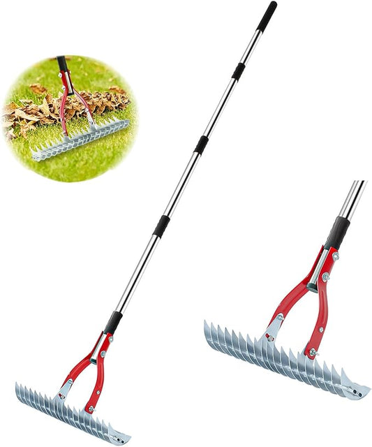 Thatch Rake, 15-inch Lawn Dethatcher Rake, Efficient Steel Metal Rake with Stainless Steel Handle, Heavy Duty Soil Rake, Grass Grooming Rake for Cleaning Dead Grass
