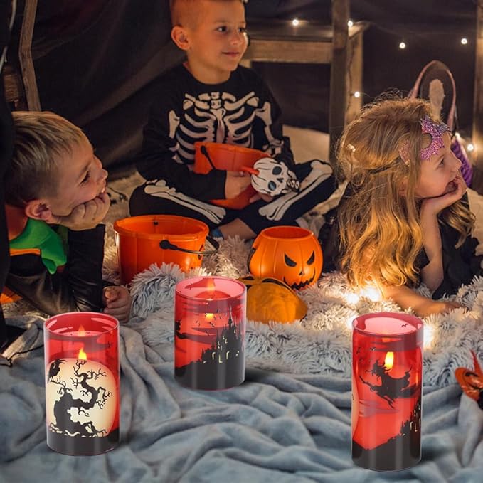 DRomance Witch Glass Flameless Candles with Remote and Timer, Battery Operated Realistic 3D Wick Flickering Real Wax LED Candles Halloween Window Table Holiday Dinner Decor Gifts(3 x 4,5,6 Inches)