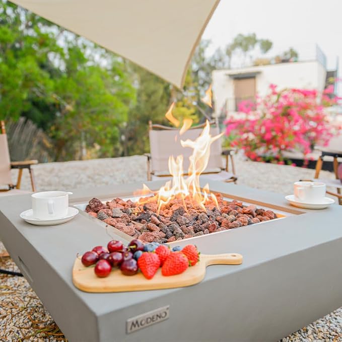 Westport Concrete Fire Pit 34" x 34" Outdoor Patio Firepit Includes Lava Rocks Modern Fire Pits & Outdoor Fireplaces for Garden, Deck, Indoor & Outdoor Heating