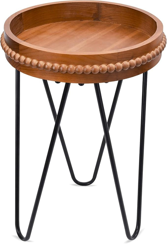 VCUTEKA Outdoor Side Table Round Small Accent Table Wood Patio Side Table End Table with 3 Metal Legs Plant Stand Indoor Coffee Tables