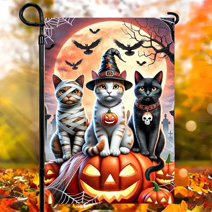Cats Halloween Garden 12x18 Double Sided Flags Trick or Treat Holiday Pumpkin Garden Flag Cute Kitten Fall Holiday Yard Spooky Flag Winter Lawn Flags Farmhouse Outdoor Decor Banner