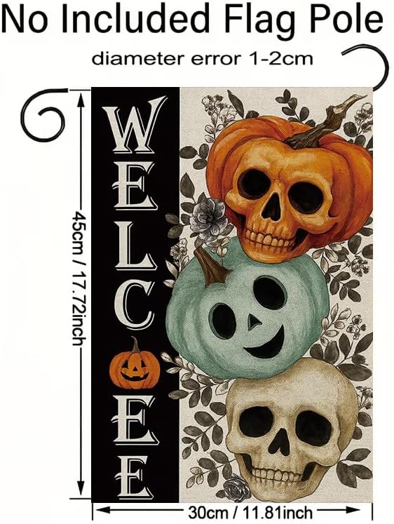 Halloween Garden Flag 12x18 Inch Double Sided, Skull Pumpkin Welcome Yard flag, Spooky Outdoor Party Decoration for Porch, Patio, Lawn, Garden, Indoor & Outdoor Halloween Décor