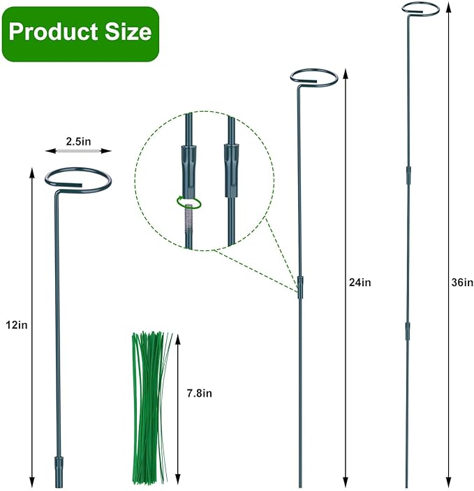 2 Pack (DIY) Plant Support Stakes, Three Sizes (12 or 24 or 36 inch) Plant Support Rings with 20 Pcs Plant Twist Ties, Garden Stake for Indoor Outdoor Plant Flowers, Amaryllis, Tomatoes