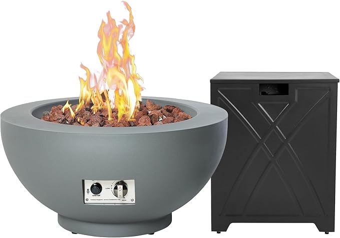 28-Inch Gas Fire Pit with Propane Tank Cover, 50,000 BTU Round Propane Fire Pit Table, Patio Fire Bowl Firepit with Lid, Lava Rocks, Cover, Pre-Attached 10FT Propane Hose, Gray