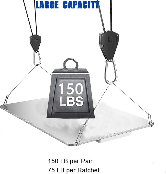 Grow Light Rope Hanger 3Pairs，1/8" 8-Feet Long Heavy Duty Adjustable Rope Clip Hanger, Adjustable Rope Ratchet Hangers 150 Lbs per Pair with Stainless Steel 2.5" S Hook