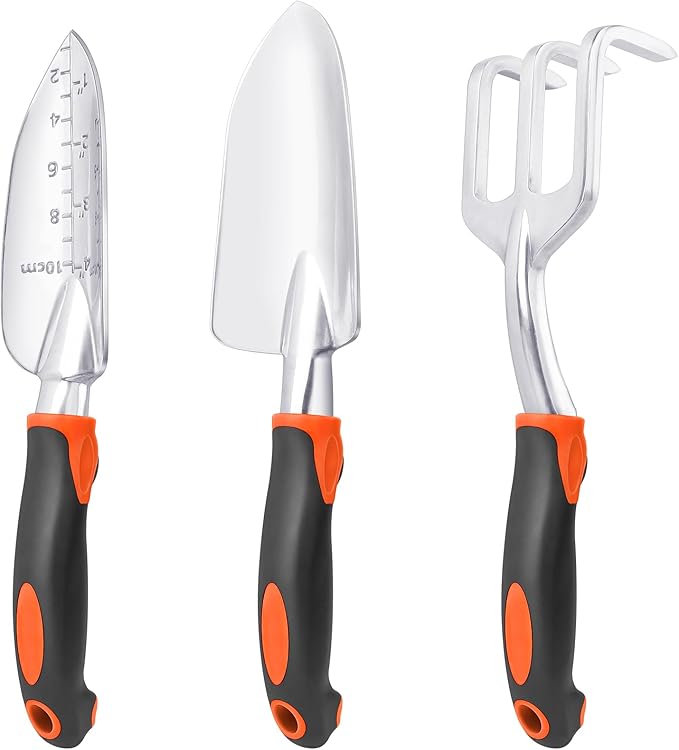 Garden Tools Set, 3 Pack Heavy Duty Gardening Tools Set Include Garden Shovel, Transplant Trowel and Hand Rake with Ergonomic Handle, Aluminum Alloy Lawn for Planting, Orange
