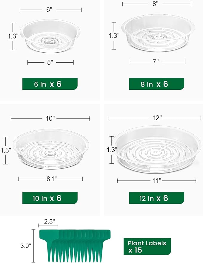 GROWNEER 24 Pack of 6, 8, 10, 12 Inches Clear Plant Saucers Flower Pot Trays, with 15 Pcs Plant Labels, Plastic Plant Drip Trays for Indoor Outdoor Plants Garden, Assorted 4 Sizes, 6pcs of Each Size