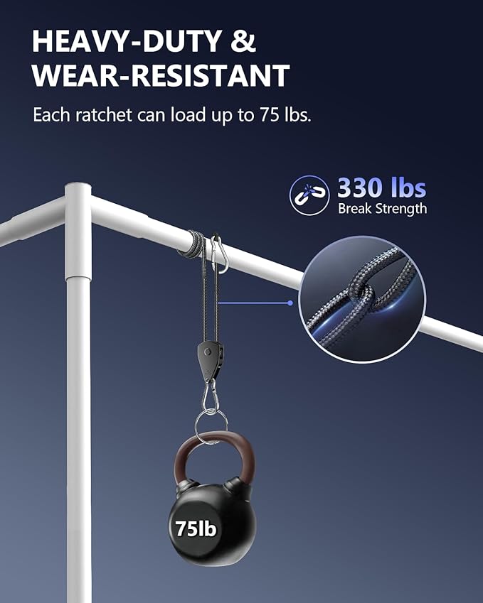 VIPARSPECTRA Retractable Heavy Duty Ratchet Tie Down Straps [8 Pack, 8ft, 75lbs/Pack], Rope Pulley System with Carabiner Hook Rope Adjuster for Hanging Plants/Grow Light/Tents Various Tie-Down Uses