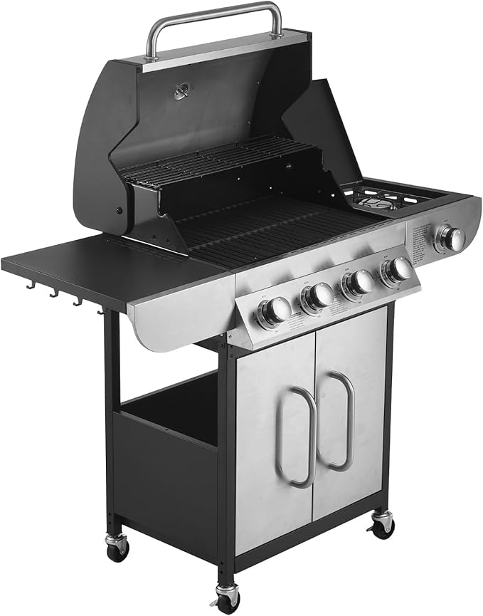 VEVOR Gas Grill, 4 Burner Propane Gas Grill with Side Burner, 425 SQ.In Grilling Area, Carbon Steel Enamel Grates, Outdoor 52,000 BTU Patio Garden BBQ Grills with Two Side Shelves, Stainless Steel
