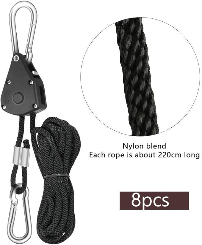 4 Pairs 1/8" Heavy Duty Ratchet Hangers, Adjustable Rope Hangers, Grow Light Rope Hangers for Grow Plant Fan Filter Light Room Equipment, 150 LB Capacity per Pair