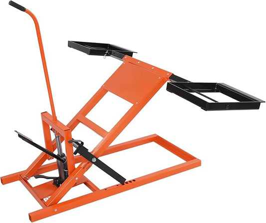Lawn Mower Lift with Hydraulic Jack 500 Lbs Weight Capacity, Solid Carbon Steel Lawn Mower Lift, Adjustable Wheel Span Lawn Lifter for Garden Tractors and Lawn Mowers (Orange+ Black)