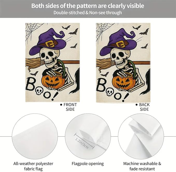 Halloween Garden Flag 12x18 Inch Skeleton Pumpkin Witch Hat Boo Yard flag Double Sided Outdoor Porch Patio Lawn Party Decoration for Fall Holiday Birthday