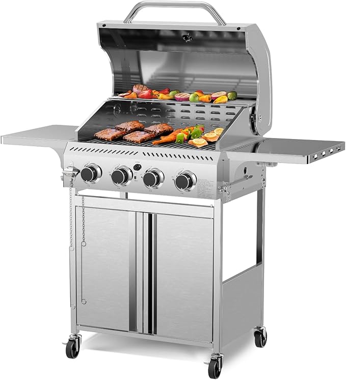 R.W. FLAME Propane Gas Grill Barbecue Grill, 4 Wheels, 4 Burner Cart Style Liquid BBQ Grill, Metal Cooking Grill