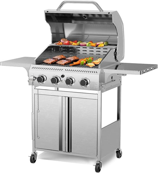 R.W. FLAME Propane Gas Grill Barbecue Grill, 4 Wheels, 4 Burner Cart Style Liquid BBQ Grill, Metal Cooking Grill