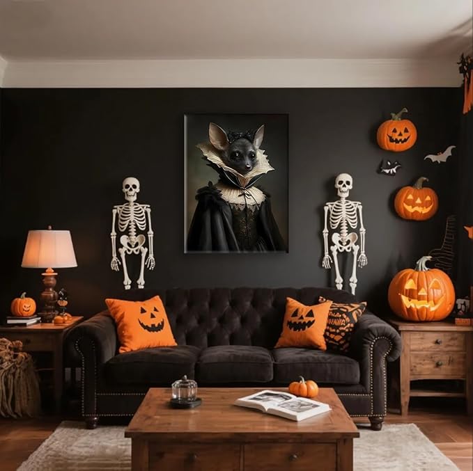 Jatinoo Gothic Bat Wall Art - Vintage Framed Canvas Print, Dark Academia & Halloween Decor, Gothic Home Aesthetic for Fantasy Art Lovers (11.5x15 Inch)