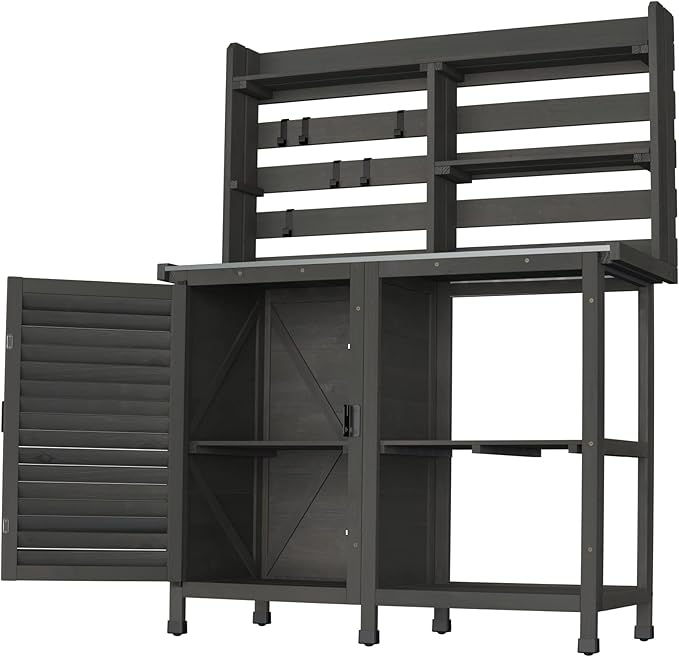 GDLF Potting Bench Table Large Garden Outdoor Work Bench Metal Tabletop Workstation with Storage Cabinet Shelf Dark Grey