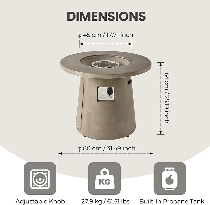 HOMPUS Outdoor Fire Pit Gray Propane Fire Table, 31-inch Round Propane Fire Pit, 40,000 BTU Gas Smokeless Fire Pit, Patio Concrete Fire Pit with Lava Rocks and Rain Cover for Garden, Deck, Backyard