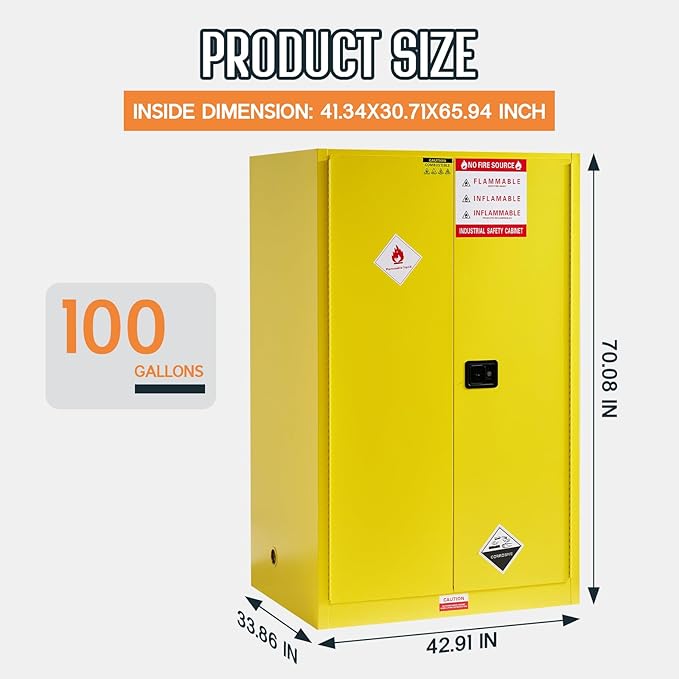 SPECRAFT 100 Gal Flammable Safety Cabinet, 70x43x34 Inch, Cold-Rolled Steel, Adjustable Shelves, OSHA & CE Certified for Industrial, Commercial, Laboratory, and Institutional Use, Yellow