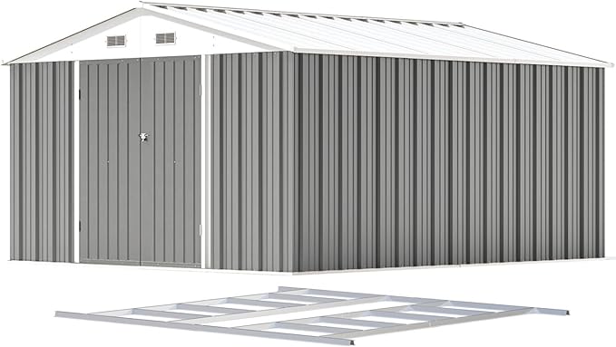 Patiowell 10 x 12 FT Metal Storage Shed for Outdoor with Floor Frame, Steel Yard Shed with Design of Lockable Doors, Utility and Tool Storage for Garden, Backyard, Patio, Outside use, Grey