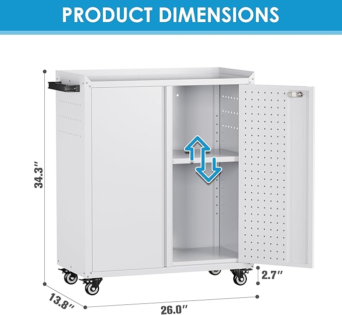 Metal Tool Cabinet with Pegboard and Hooks,Garage Storage Cabinet with Wheels and 2 Lockable Doors for Garage,Home,Office,Assembly Required,White,13.8" D x 26" W x 34.3" H