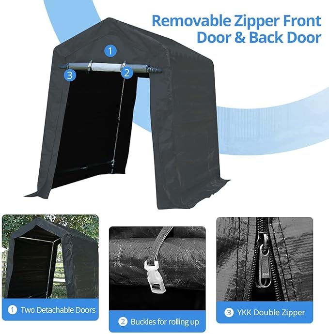 ADVANCE OUTDOOR 6x8 ft Outdoor Portable Storage Shelter Shed with 2 Roll up Zipper Doors & Vents Carport for Motorcycle Waterproof and UV Resistant Portable Garage Kit Tent, Gray