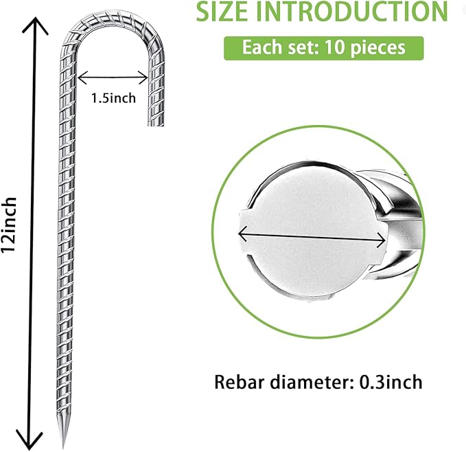 Ground-Stakes-Heavy-Duty-12-Inch, J Hook Rebar Stakes Galvanized Anti-Rust 10pcs Metal Stakes for Ground Heavy Duty Ground Anchors for Garden Dog Fence Chicken Coop Deer Fence