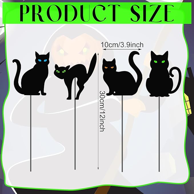Chunful 4 Pcs Halloween Decorative Garden Stakes Black Cat Garden Stakes for Flower Planter Pot Outdoor Metal Yard Sign Black Cat Decorations Halloween Patio Lawn Decor