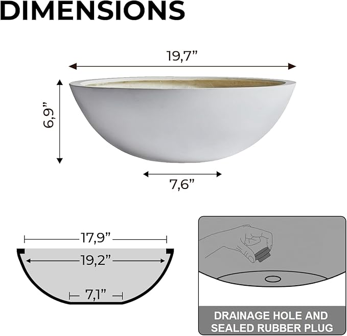 6.9" H x 19.7" D Round Bowl Fiberstone Planter for Succulent and Lotus, Drainage Hole, Weather Resistant for Indoor and Outdoor Use, Included 2 Extra Coco Mats (White, 17.9" Pot Opening)