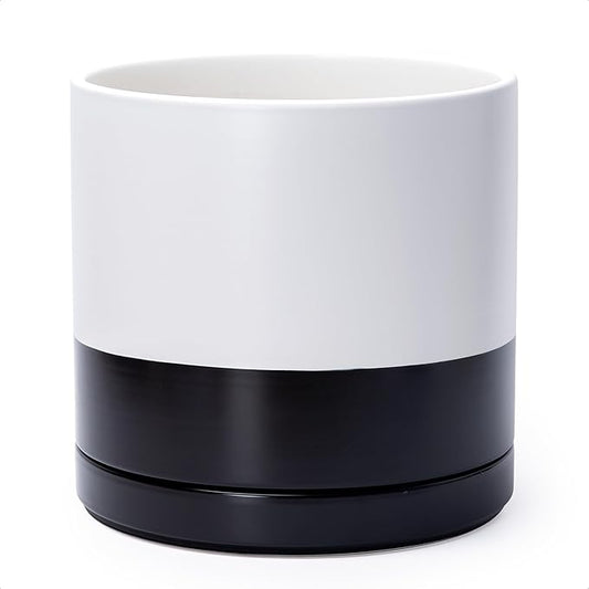 D'vine Dev 12 Inch Ceramic Planter Pot with Drainage Hole and Saucer, Indoor Cylinder Round Planter Pot, Layered Monochrome Black & White, 94-O-F-L