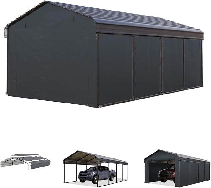 MFSTUDIO Carport 12x20 ft, Outdoor Heavy Duty Carports with Sidewalls, Metal Shed Canopy Shelters Garage Shelter Shade Car Ports with Galvanized Roof for Cars, Truck and Boats